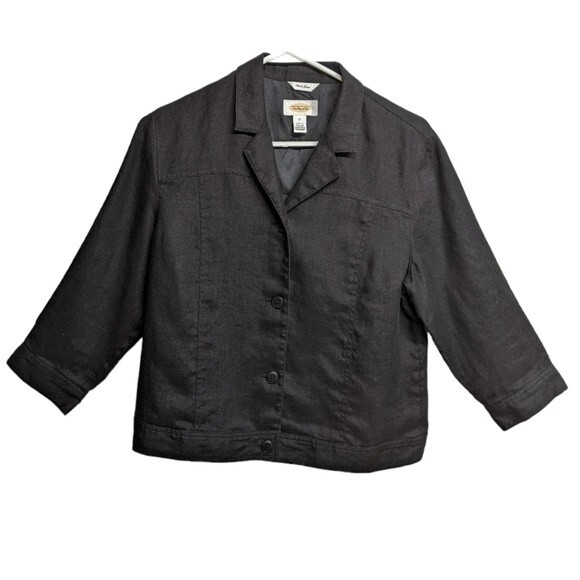 Talbots Blazer Irish Linen Short Button Down Casual Top Crop Jacket Black 10 - Picture 1 of 6